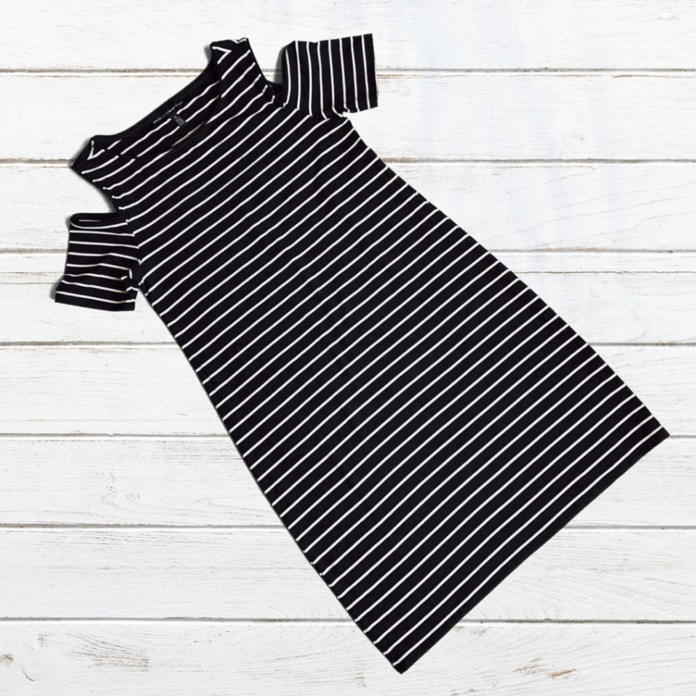 WHBM Black & White Stripe Cold Shoulder Dress